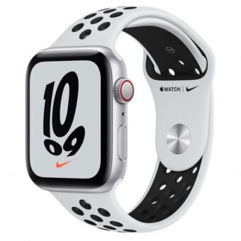 Apple Watch Nike SE (v2) Cellular (44mm) ezüst alumínium tok, platina/fekete szilikon Nike sportszíjas okosóra