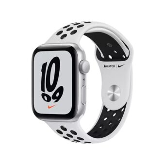 Apple Watch Nike SE (v2) GPS-es (44mm) ezüst alumínium tok, platina/fekete szilikon Nike sportszíjas okosóra